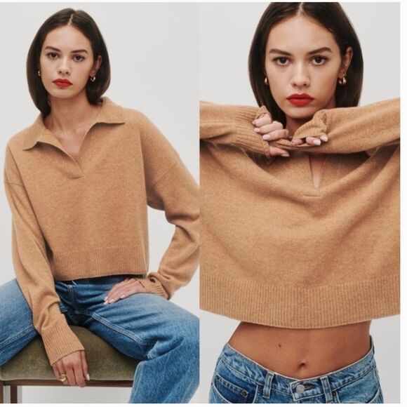 REFORMATION Brown Cashmere Polo Cropped Sweater size XS cozy soft prep - Picture 2 of 11